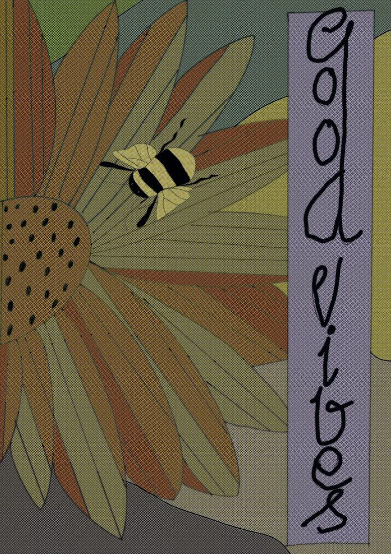 A bee flying over a large orange sunflower, lettered Good Vibes