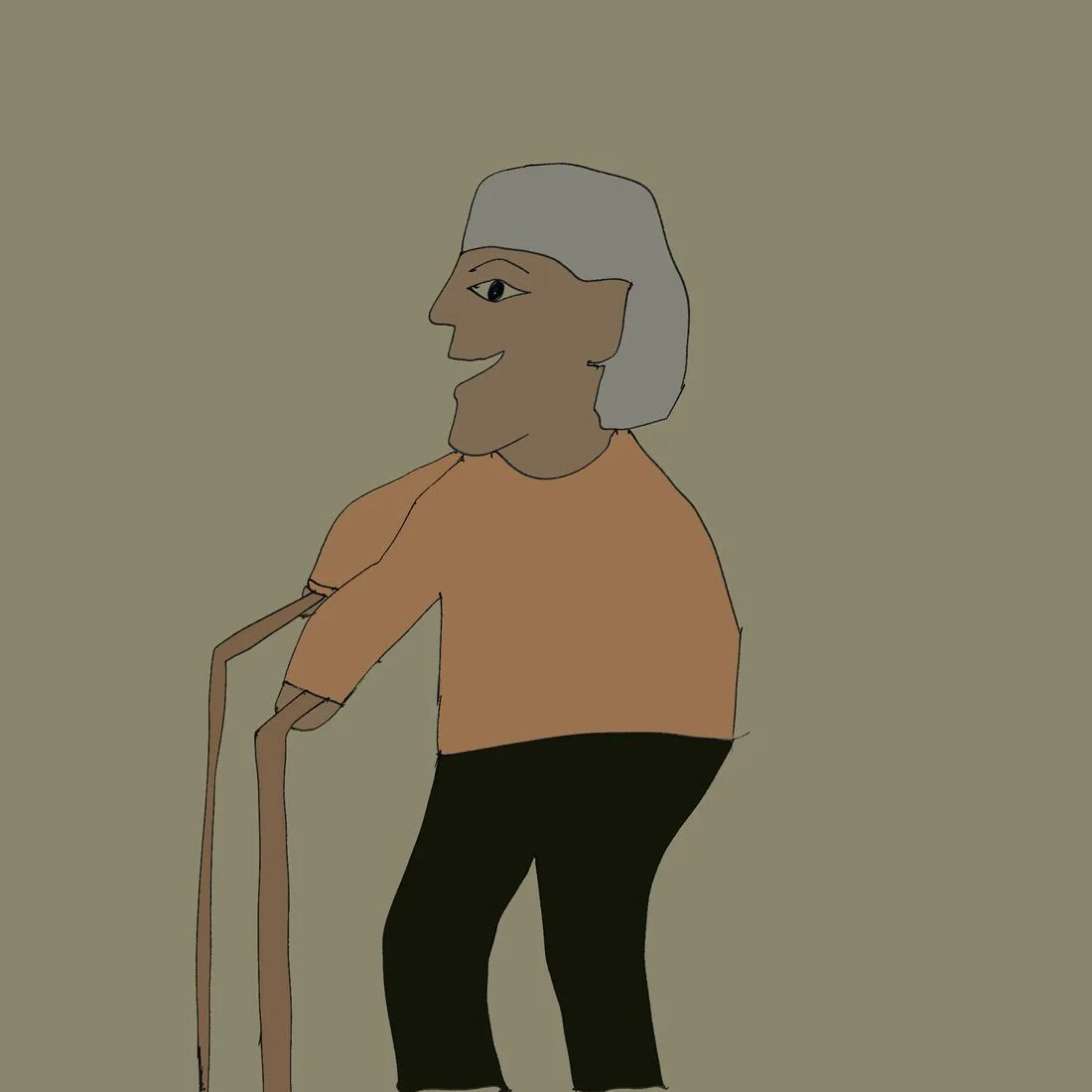 An older figure with white hair leaning on a walking stick