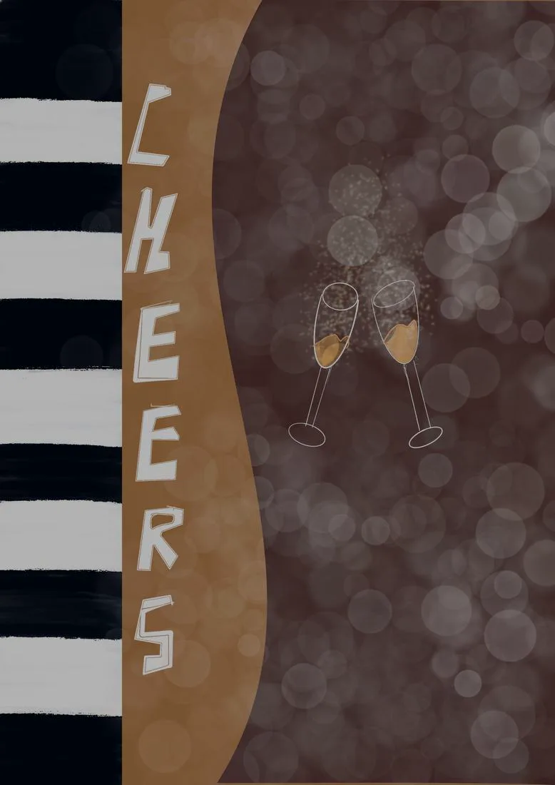 Two champagne flutes among golden bubbles beside black and white stripes, lettered Cheers