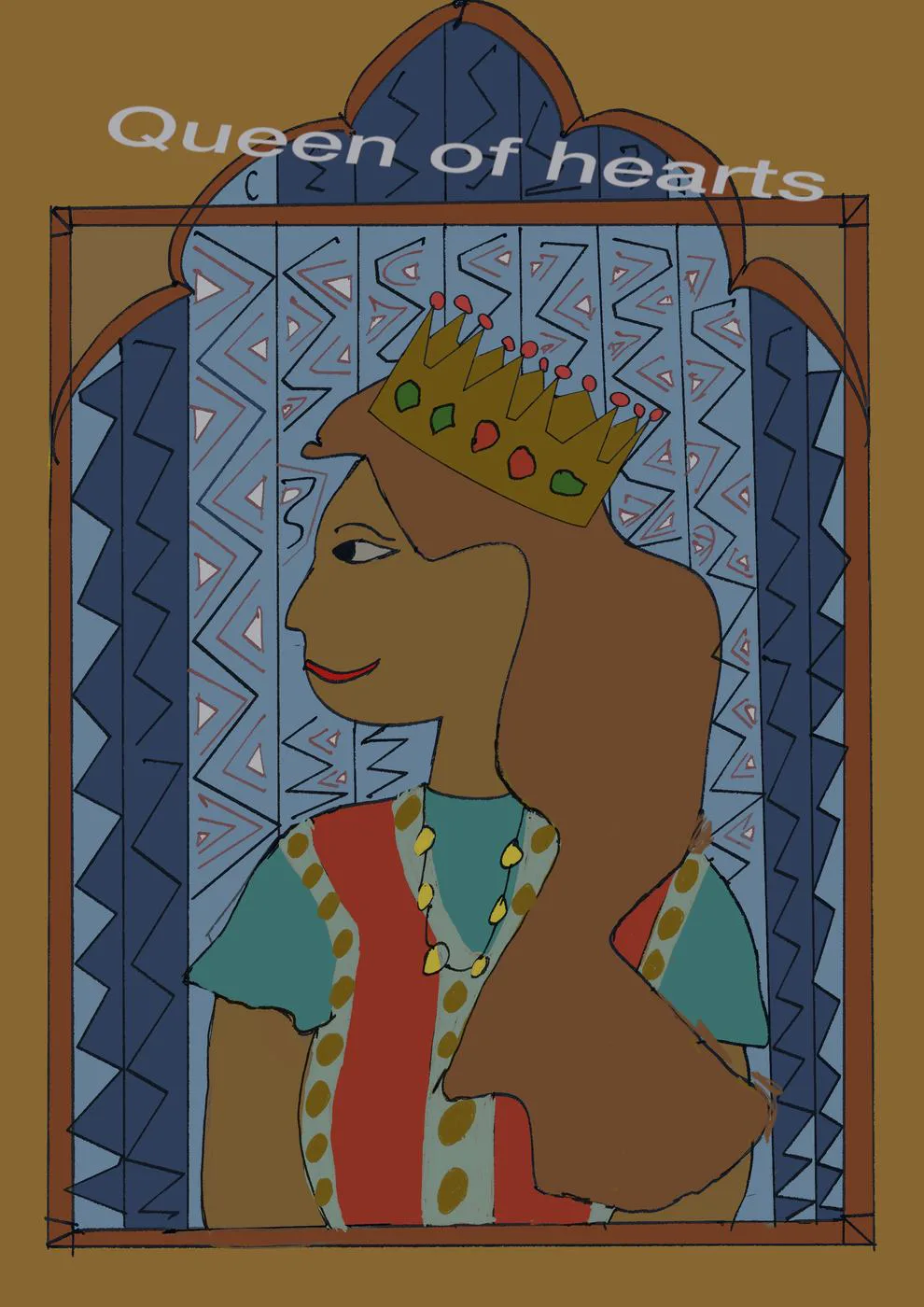 A crowned queen in profile against a blue zigzag arch, titled Queen of Hearts
