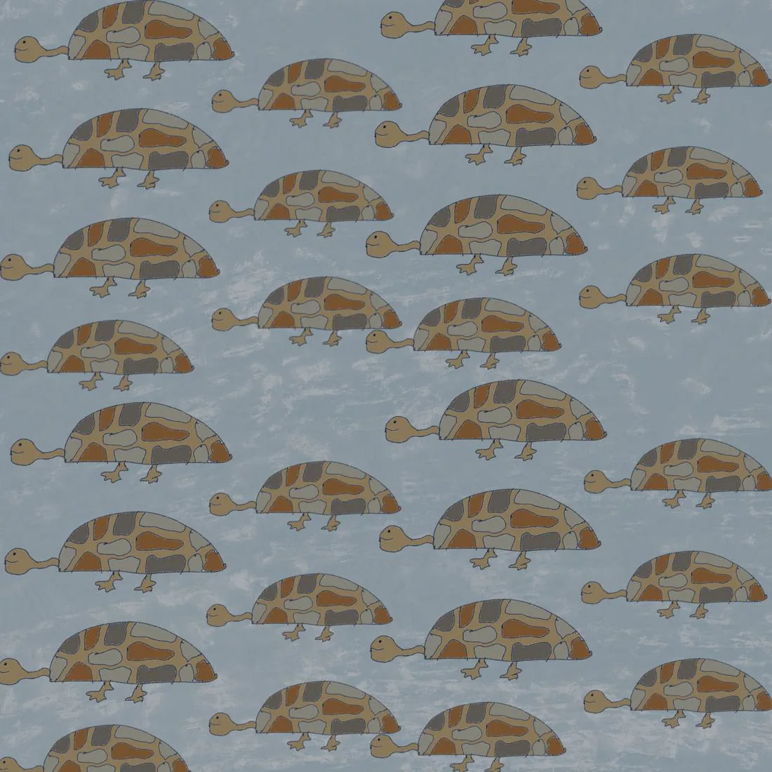 A pattern of tan and orange tortoises walking across pale blue