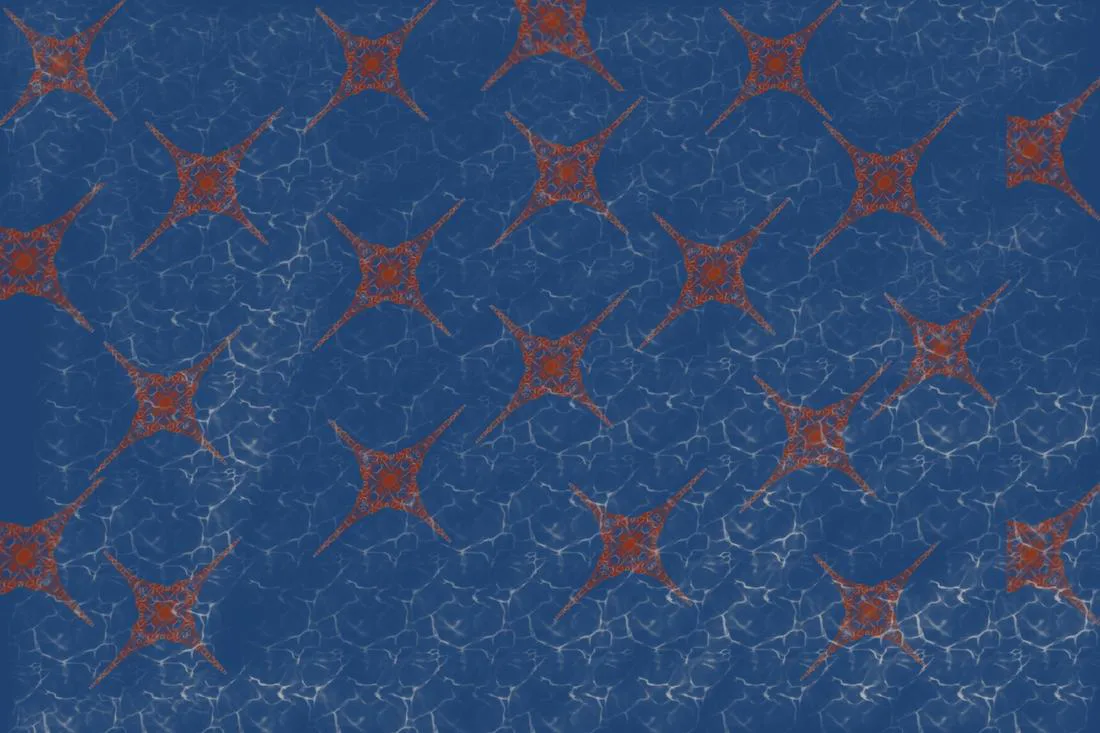 Coral-red four-pointed stars scattered on rippling blue water
