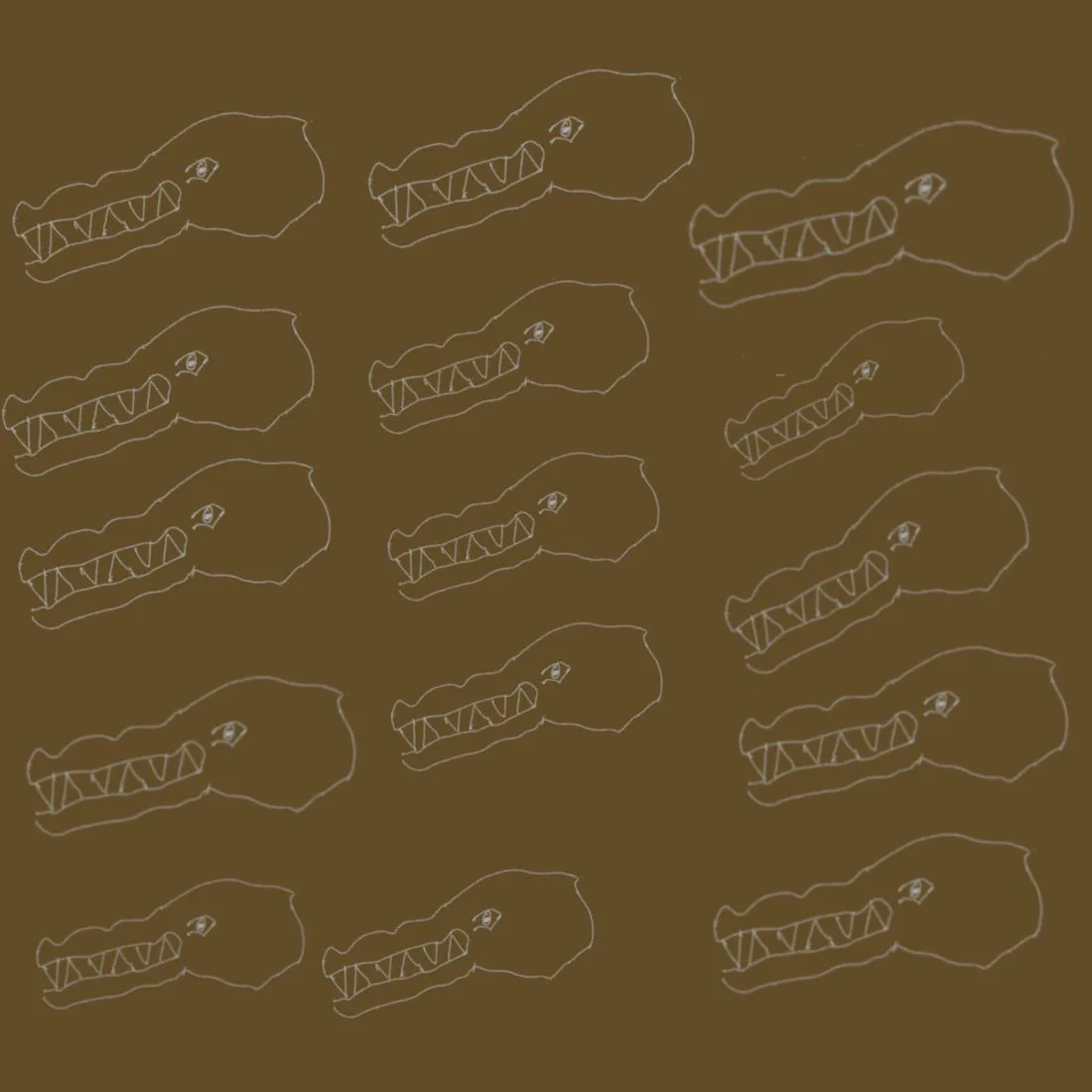 Outlines of long crocodile heads with many teeth on a brown ground
