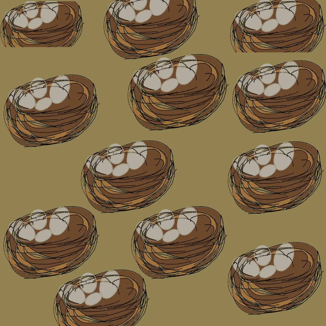 A repeating pattern of woven nests, each holding three cream eggs