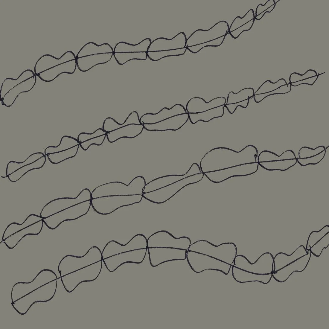Long looping cords of soft shapes strung across a grey-green ground