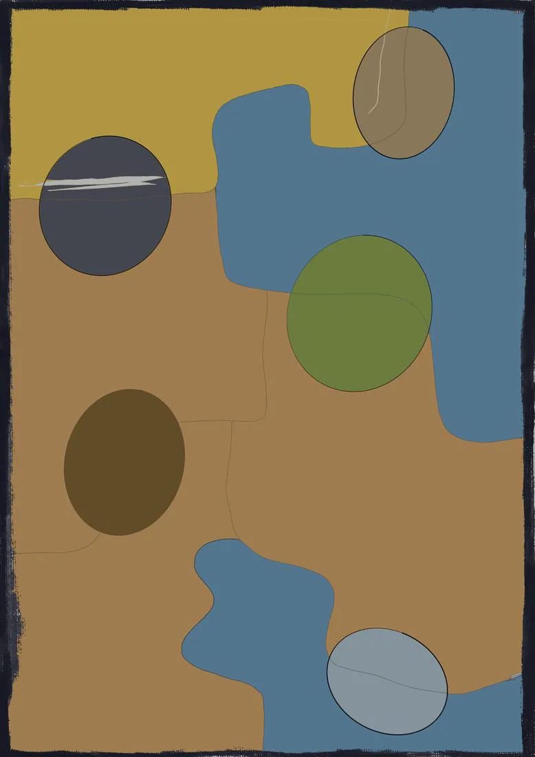 Blocks of yellow, sand and blue with floating circles
