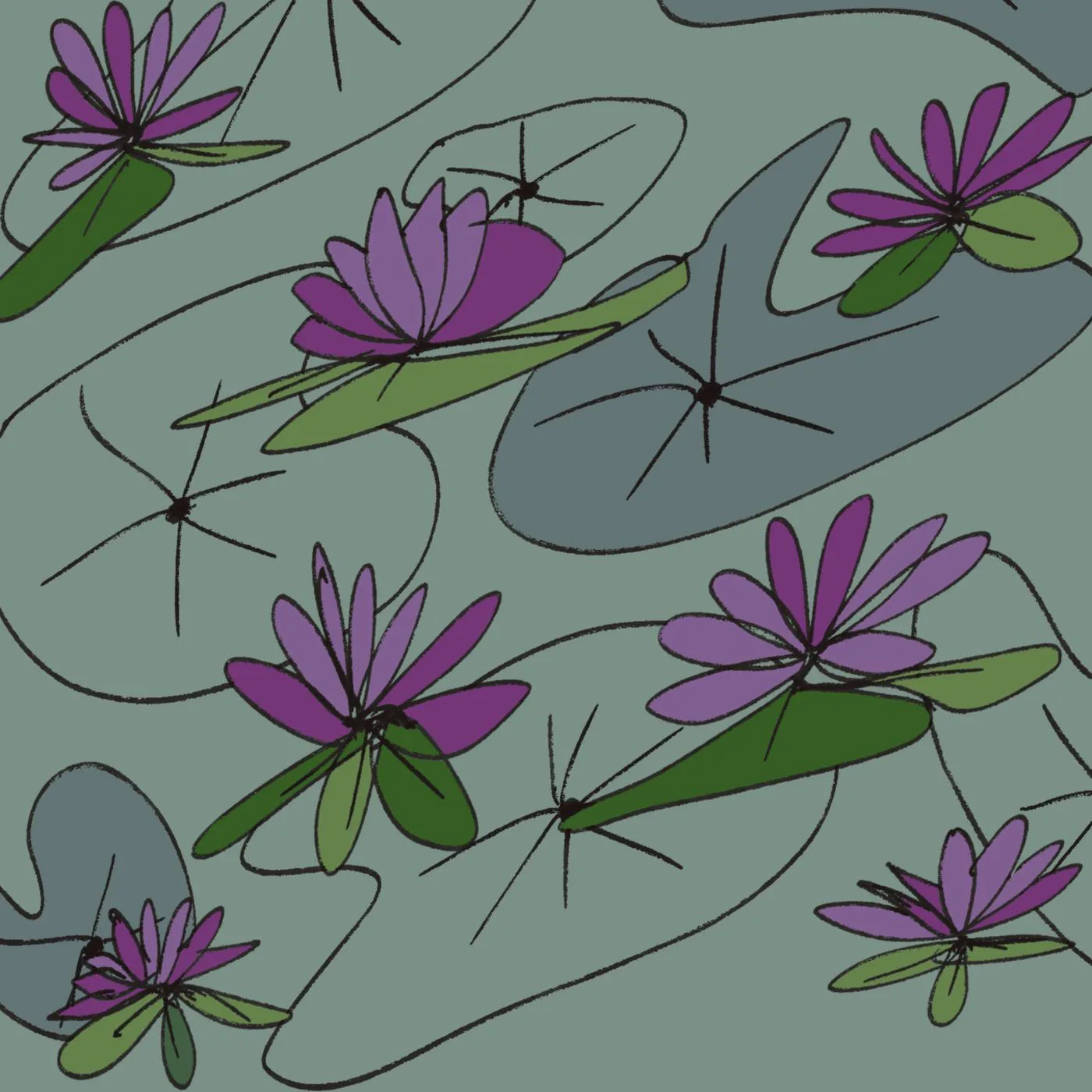 Purple water lilies floating on pale green water